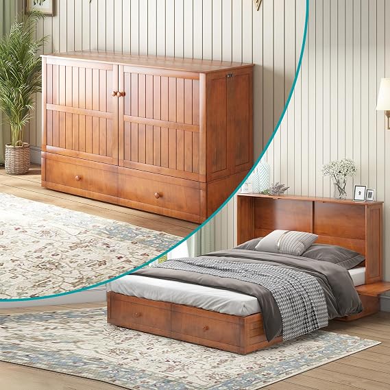 BALUS Queen Murphy Bed Cabinet with Mattress, Murphy Beds with Mattress & USB Charging Station, Convertible Cabinet Chest Bed with Folding Night Stand Trays and Storage Drawer/Easy Assembly- Cherry