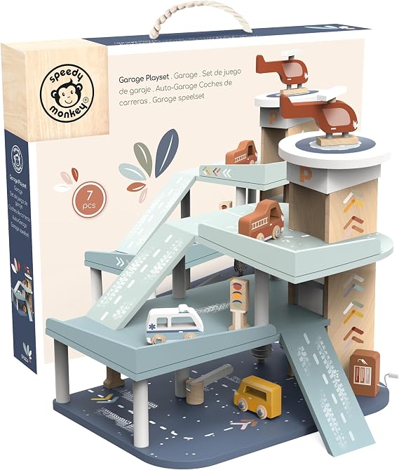Speedy Monkey Wooden Garage Playset | Multi-Level Parking with Elevator