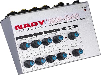 Nady MM-242 4 Stereo  8 Mono Channel Mini Mixer with monostereo mode, ¼” Inputs and outputs – battery powered, or use optional AC adapter