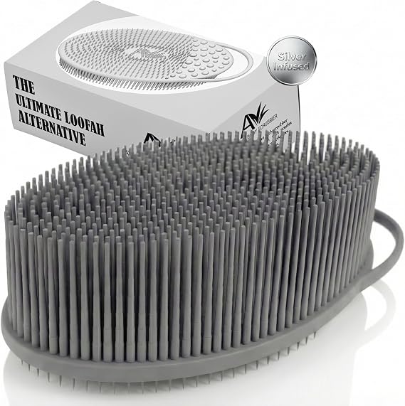 Avilana Silicone Body Scrubber for Shower SGS Certified Food Grade Dual Sided Bath Brush, Gentle Exfoliating Silicone Loofah Alternative, Sensitive Skin Body Brush (Gray-Silver, Exfoliate)