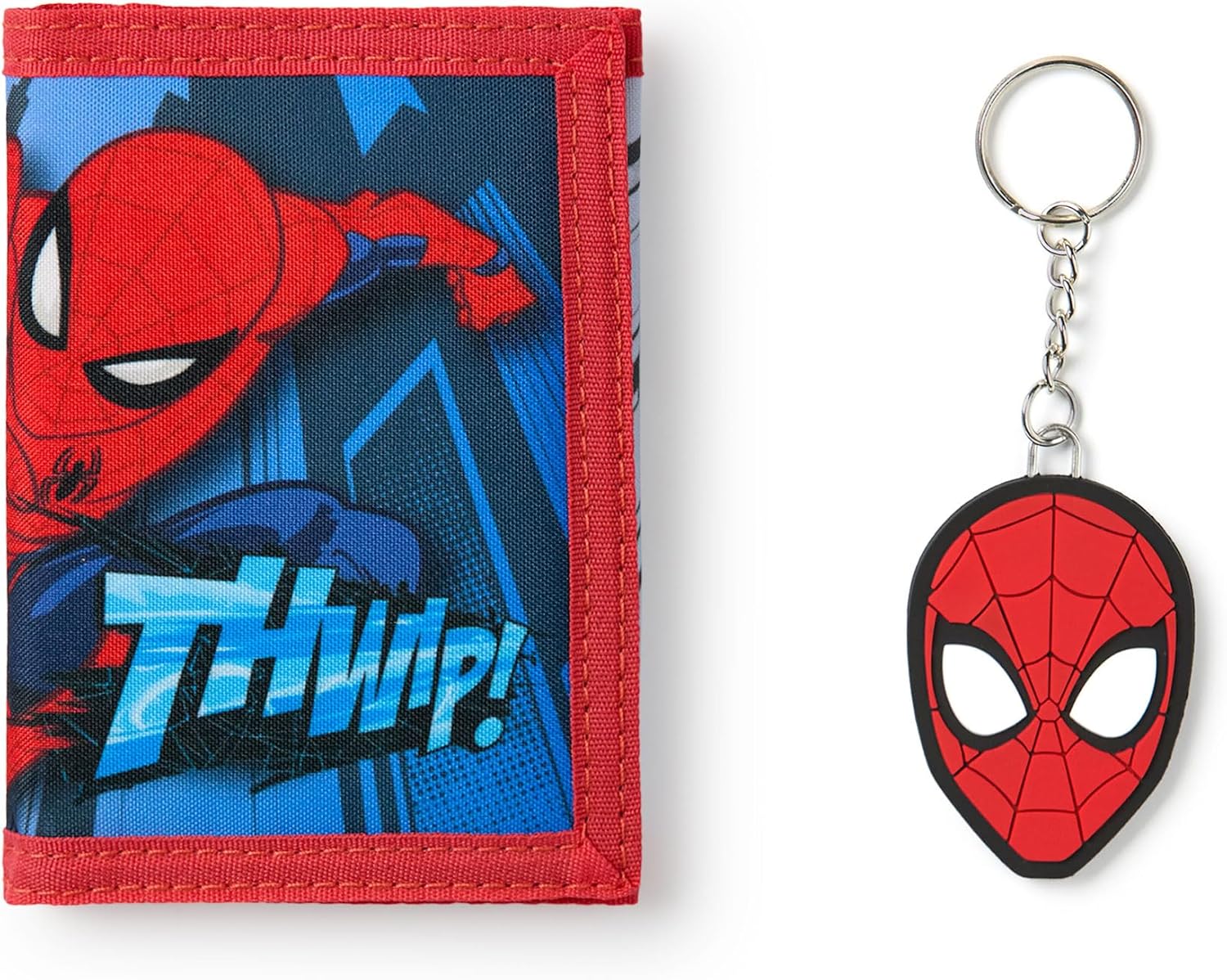 Marvel Spider-Man Boys Wallet | Red Trifold Wallet Spider-Man 'THWIP! ' Graphic Print Kids Cash & Card Holder with Spider-Man Mask Keychain | Superhero Movie Goods Gift, Multicolor, One Size, Modern