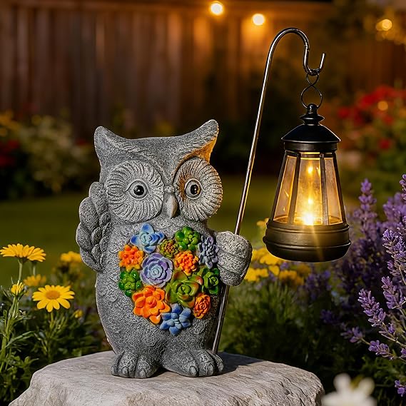 Solar Owl Garden Statue with Succulent Decor & Hanging Lantern Outdoor Resin Decor for Patio, Yard, Balcony Unique Gift for Women, Gardeners