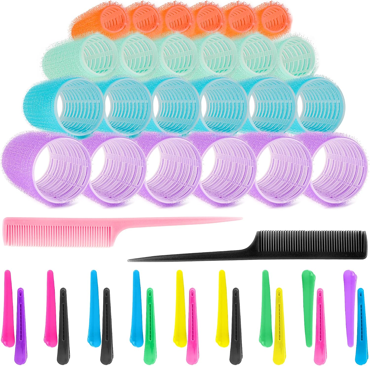 44 pieces Hair Rollers set, 24 Self Grip Velcro Rollers and 18 randomly colored duckbill clips for fixing hairstyles, and 2 combs in random colors