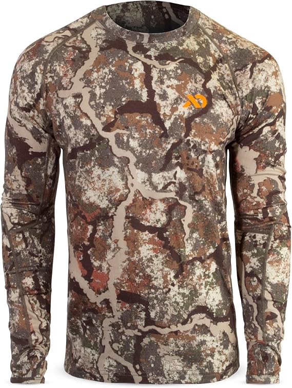 First Lite Men's Wick Long Sleeve Crew - Merino Wool Camo Hunting Base Layer, UV Protection Moisture Management Shirt