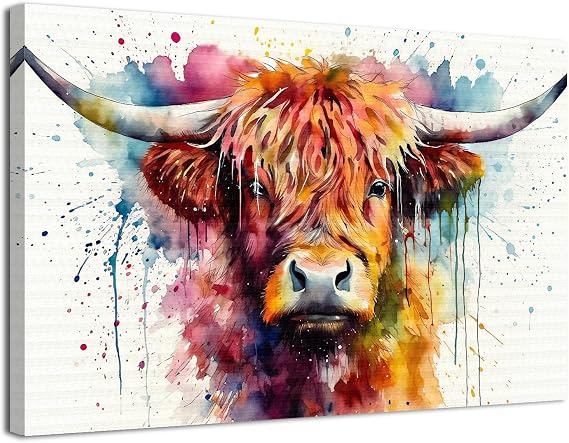 Highland Cow Canvas Highland Cow Pictures Colourful Wall Pictures for Living Room 30x40cm Graffiti Banksy Wall Art Animal Prints Bedroom Pictures for Wall for Hallway and Stairs Home Office Decor