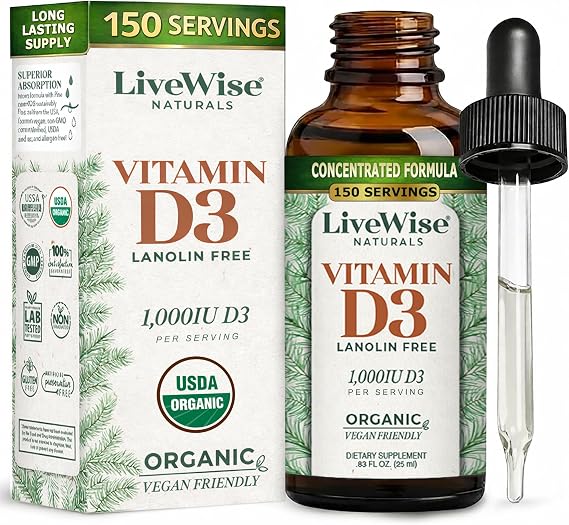 Live Wise Naturals Vitamin D3 1000 IU 25 MCG Drops | Ultra Concentrated Formulation, Fast Absorption, Vegan, Organic MCT Oil Formula, Micro-Dosing Dropper, Bone & Immune Support