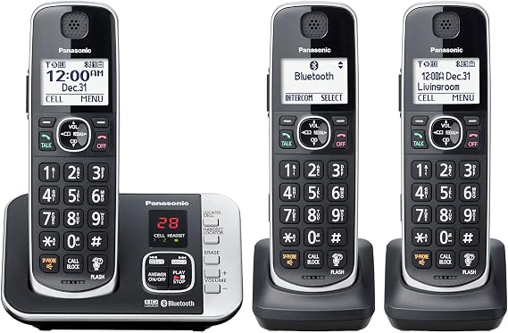 Panasonic Link2Cell Bluetooth DECT 6.0 Expandable Cordless Phone System with Answering Machine and Call Blocking - 3 Handsets - KX-TGE663B (Black)