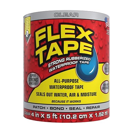 Flex Tape Strong Rubberized Waterproof Tape, Clear, 4 in x 5 ft, 1-Pack