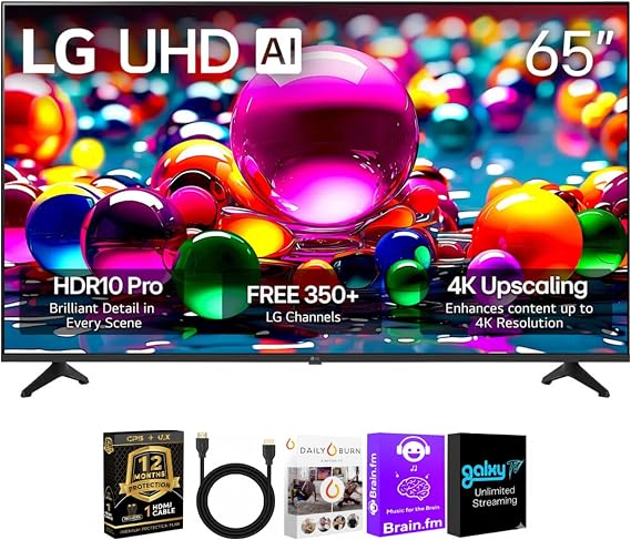 LG 65 Inch Class UA77 Series LED AI 4K Smart webOS TV 2025 HDR WiFi Bluetooth Streaming Bundle with HDMI Cable and 12 Month CPS Protection Plan (65 inch)