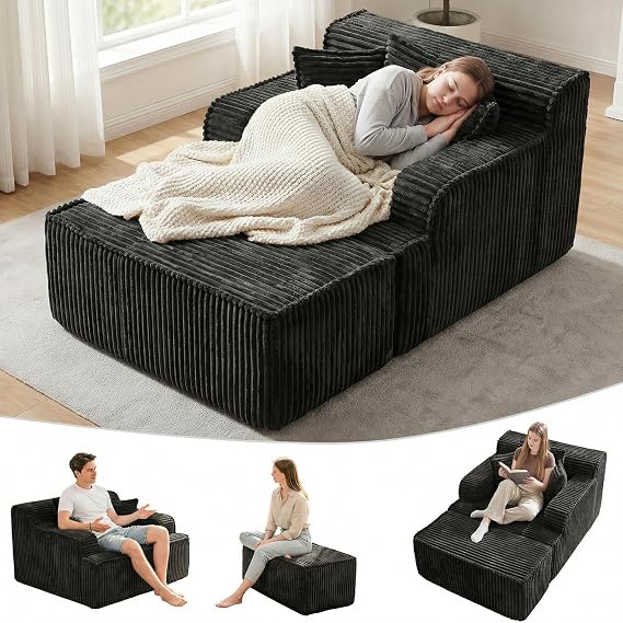 Chaise Lounge Chair Indoor,Boneless Chair with Ottoman,Comfy Reading Chair for Adults,Small Sofa Bed Couch for Living Room,Single Sleeper Chair Bed,Black