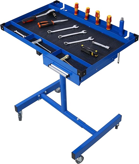 JOYBASE Mobile Adjustable Workbench on Wheels, Portable Tear Down & Work Table with Drawer for Garages, Workshops and Repair Shops, 220 LBS Capacity, Heavy-Duty Steel Construction (Blue)
