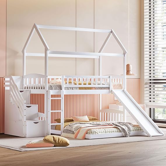 Bellemave House Bunk Bed with Slide and Stairs, Twin Over Full Bunk Bed with Storage and Steps, Wood Playhouse Bunk Bed for Kids Boys Girls (White, Twin Over Full)