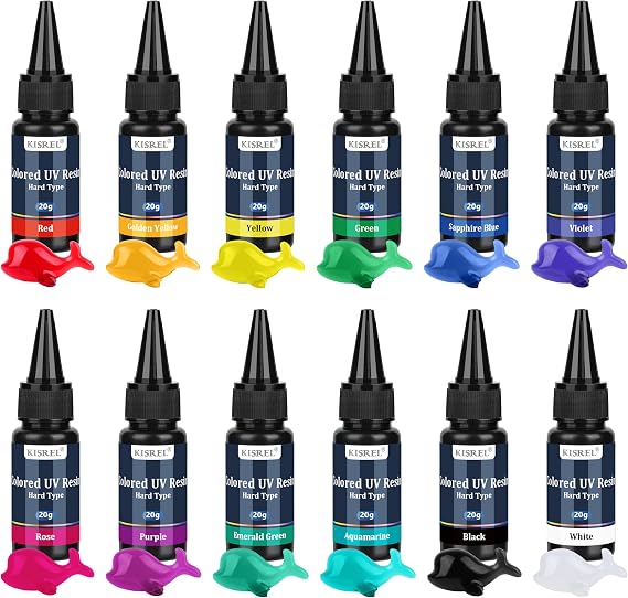 KISREL Transparent UV Resin, 12 Colors 240g UV Resins Kit, Colored UV Resin