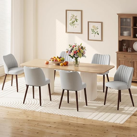Upholstered Dining Chairs Set of 6, Modern Fabric Dining Chairs with Curved Backrest & Solid Rubber Wood Legs, Padded Kitchen Dining Room Chairs for Restaurant Cafe, Light Grey