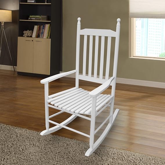 Rocking Chair, Outdoor Indoor Porch Rocker Chair Wood Frame for Adult, All Weather- Resistant Patio Rocking Chair for Garden, Lawn, Balcony, Backyard (White)