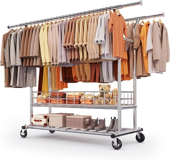 HOKEEPER Heavy Duty Clothes Rack Load 635 LBS Height Adjustable Double Rod | Clothing Rack for Hanging Clothes Rolling Garment Rack with Wheels & Metal Basket for Bedroom, Balcony 21.65"Dx71"Wx68"H
