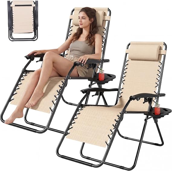 Adjustable Zero Gravity Chairs Set of 2 with Cup Holder & Removable Pillows, Outdoor Folding Reclining Patio Lounge Chairs for Poolside, Lawn, Beach, Camping (Brown, Set of 2)