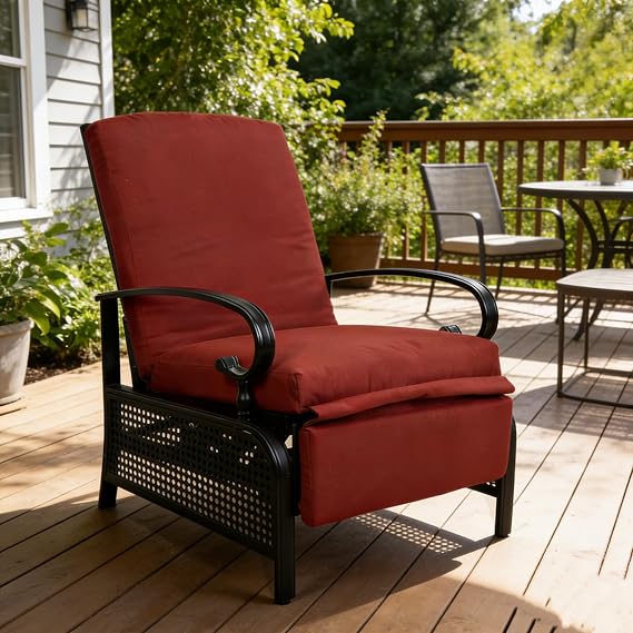 Kozyard Adjustable Outdoor Reclining Lounge Chair, Cushioned Patio Chaise Lounge with Extendable Metal Frame for Sunbathing, Reading & Relaxing Comfortable Outdoor Recliner, Burgundy