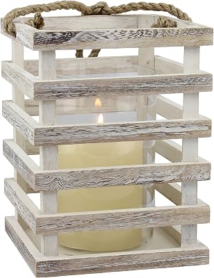 Stonebriar SB-5080B Worn White Wooden Beach House Candle Lantern with Rope Handle and Removable Glass Cylinder Hurricane, MEDIUM
