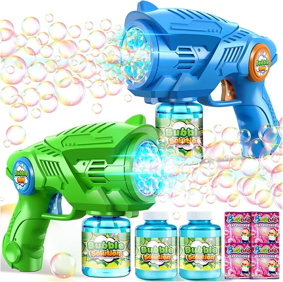 Nicmore 2 Electric Bubble Gun Children: Bubble Machine with 2 Soap Bubbles Refill Solution & LED Light One Button Start & Leak-Proof Bubble Gun for Outdoor Party (3+ Years)