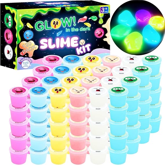 120 Pack Mini Galaxy Bulk Slime Kit for Kids, Glow in The Dark Slime with 6 Colors, DIY Slime Party Favor for Girls & Boys, Birthday Gifts, Classroom Rewards, Valentines Day Studen Bags Stuffers