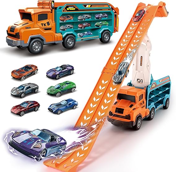 Toy Trucks for Kids Ages 3-5 4-8, Toddler Car Carrier Truck with Race Track | Transport Car Track Sets with 6 Metal Cars, Toy Cars for Kids Toddler, Xmas Birthday Gifts for Boys Girls Age 3-5 4-7(Orange)