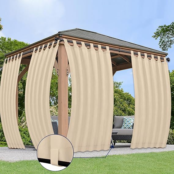 PureFit Outdoor Curtains for Detachable Sticky Tab Top Patio Waterproof/Weatherproof, UV and Fade Resistant Outside Curtains for Gazebo, Porch, Pergola, Privacy Curtain, 54 x 96 inch, 2 Panels, Beige
