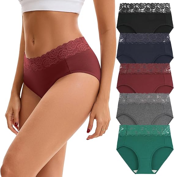 INNERSY Women's Cotton Underwear Lace High Waisted Panties 5-Pack