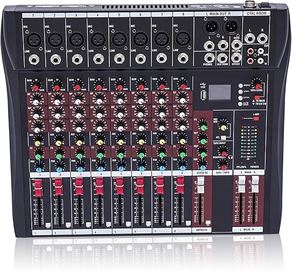 Professional Audio Mixer 8 Channel DJ Mixer Sound Board Console Stereo Sound Mixer, Bluetooth USB Computer MP3 Input 48 V Phantom Power Stereo DJ Recording Studio, Black