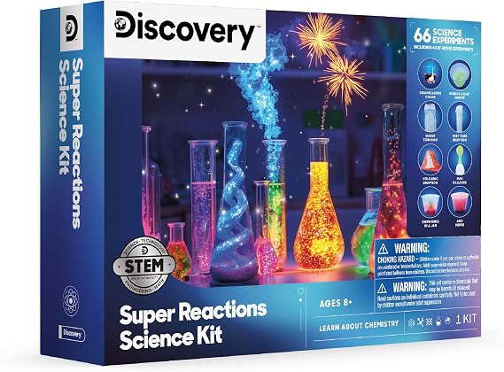 DiscoveryTM Super Reactions Science Kit 66 Experiments STEM Lab for Kids| Includes Chemistry Tools, Volcano Mold, Slime, Reactions & Explosions|Educational Learning Toy|DIY Activity Set Gift| Ages 8+