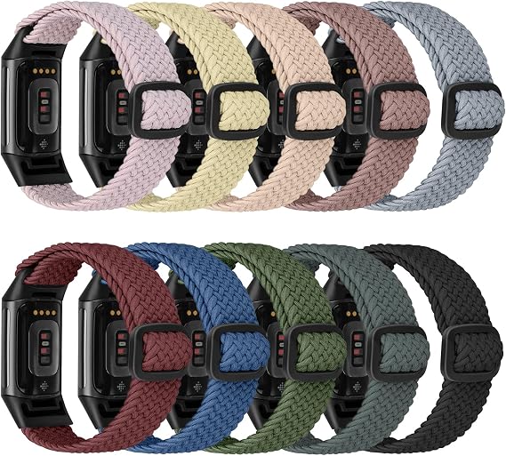 Fitbit Charge ile Uyumlu 10'lu Paket Örgülü Esnek Ayarlanabilir Kayışlar Kadın Erkek için 5 Bantlar, Şarj için Spor Elastik Naylon Kumaş Bileklikler 5