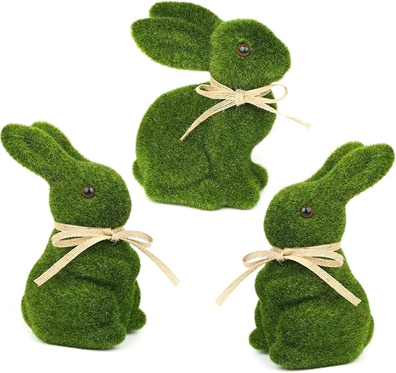 3Pcs Moss Bunny Easter Furry Flocked Bunny Moss Rabbit Easter Statue Artificial Grass Bunny Turf Grass Bunny Figure Rabbit Moss Covered Bunny for Easter Party Supplies Gifts Garden Yard Decorat
