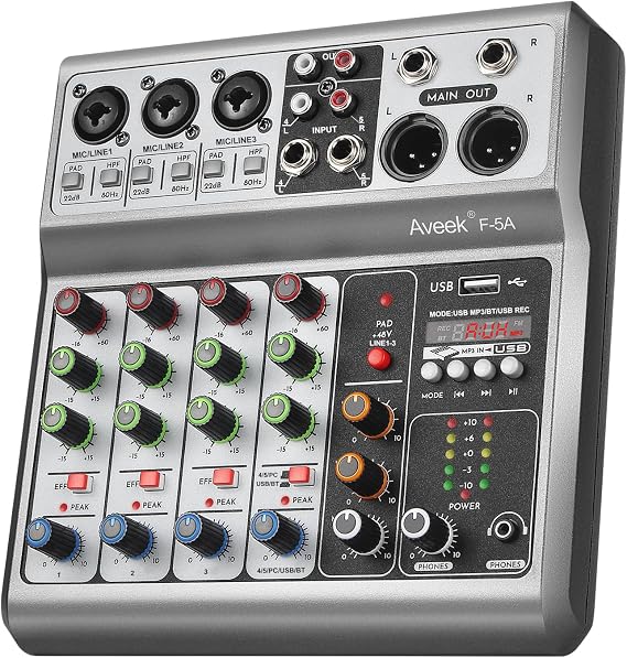 Aveek 5 Channel Audio Mixer, Built-in PC Recording Interface Sound Board