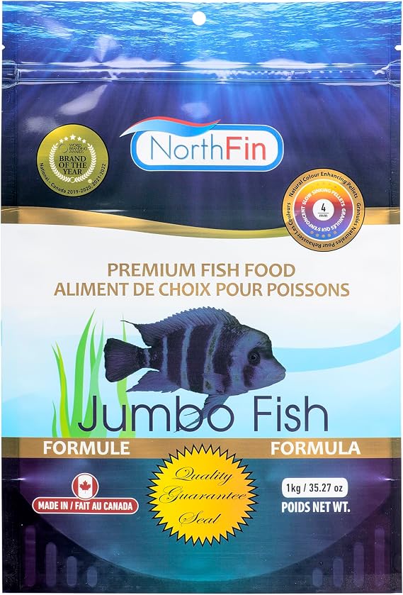 Northfin Jumbo Fish Food, Slow-Sinking Pellets, 4mm, 1kg | Jumbo Formula; slow-sinking food for large freshwater fish; made with whole krill, herring & sardine; crafted in Canada