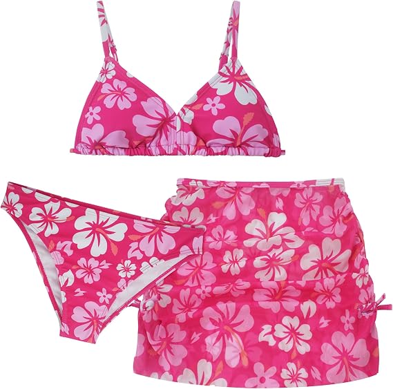 Happy Cherry Girls 3 Pieces Bikini Set Floral Print Wrap Swimsuit Drawstring Beach Skirt Cute Ruched Bathing Suit
