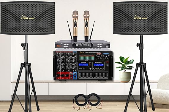 Super Bass Home Karaoke Package 8000W Mixing Amplifier with Optical/HDMI/Recording/USB/Equalizer Built-in Plus 12" Speakers and Dual High Tech Wireless Microphone