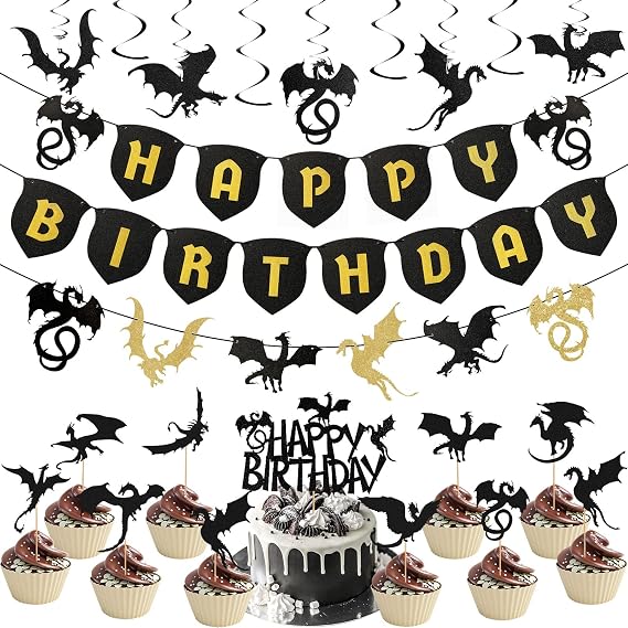 Zonon 44 Pcs Dragon Birthday Party Decorations Dragon Cupcake Topper, Black | Halloween Medieval Flying Dragon Party Supplies, Birthday Hanging Banner, Dragon Knight Fantasy Dinosaur Backdrop Decor