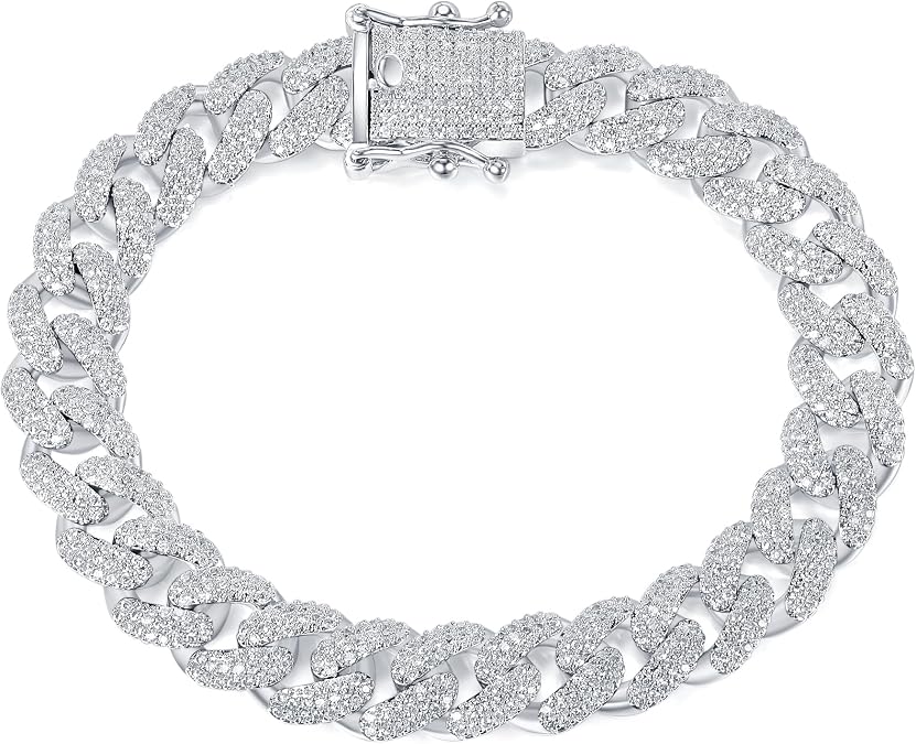 Gemsme 6/8/10/12MM Miami Cuban Link Bracelet for Men Women, 18K White Gold Plated Full Cubic Zirconia Iced Out Curb Chains Bling Hip Hop Link Bracelet Jewelry