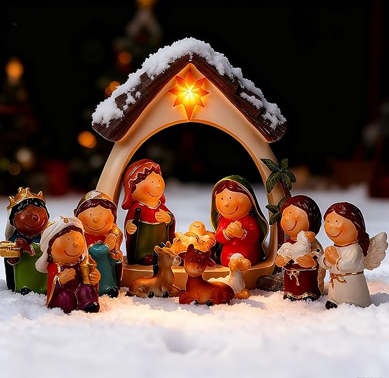 12Pcs Nativity Set for Kids-Small Nativity Sets & Figures for Toddlers with LED-Nativity Scene Indoor-Tabletop Figurines Nativity Playset-Kids Nativity Set for Little Girls Boys Children