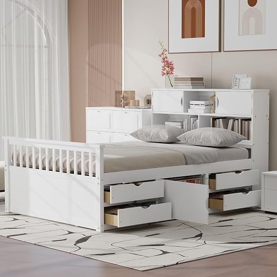 Modern Full Size Platform Bed with Storage Headboard and Shelves, Solid Wood Captain Bed Frame with 4 Drawers and a Cabinet, Sturdy Slat Support (White-4.24)