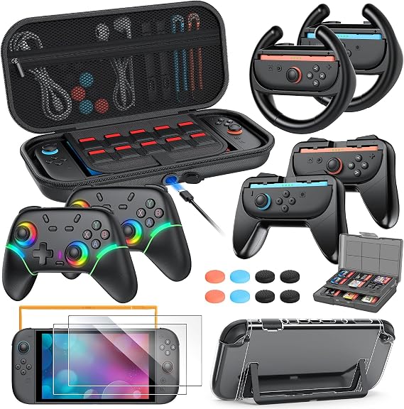 Case for Nintendo Switch 2, Accessories Bundle for Pro Controller 21 in 1 | Wireless Controllers, Carrying Case, Screen Protector, Protective Cover, Grips for Joy-Con, Steering Wheels for Mario Kart