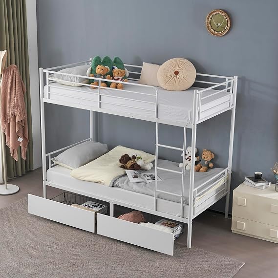 Twin Over Twin Bunk Bed Heavy Duty with 2 Drawers Double High Sleeper Bed with Ladder & Guard Rails for Adults Kids (white)