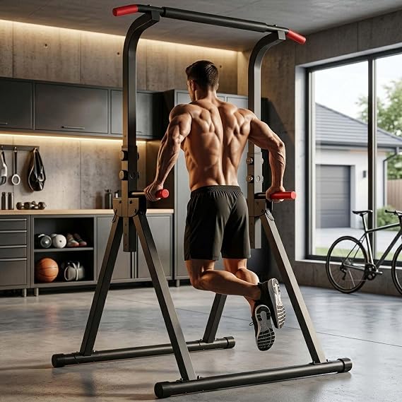 Pull Up Bar Station Foldable, Power Tower Dip Stand with 6 Adjustable Heights, Multi-Function Home Gym Strength Training Equipment, 440lb Max