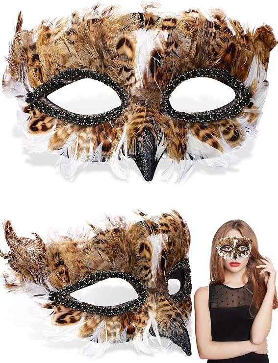 Jenaai 2 Pcs Halloween Masquerade Feather Mask Women Venetian Carnival Animal Masquerade Bird Mask Halloween Costume Cosplay(Owl)