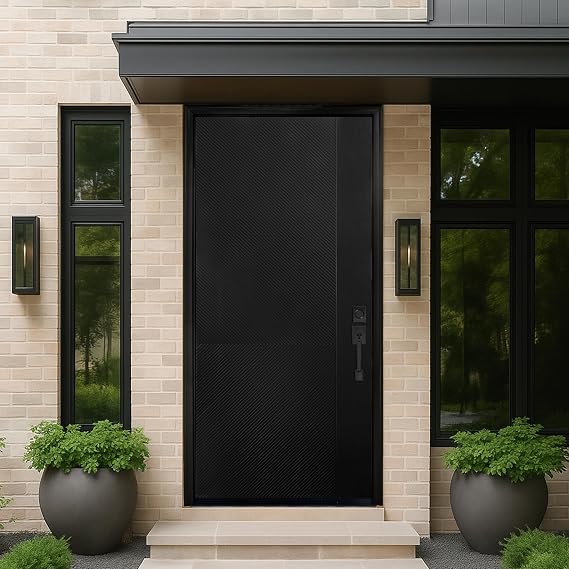 Exterior Fiberglass Front Door 36" x 80", Left-Hand Inswing, Black Modern Parallel Line Pattern, Primed Frame, Durable & Knock-Down Easy to Install