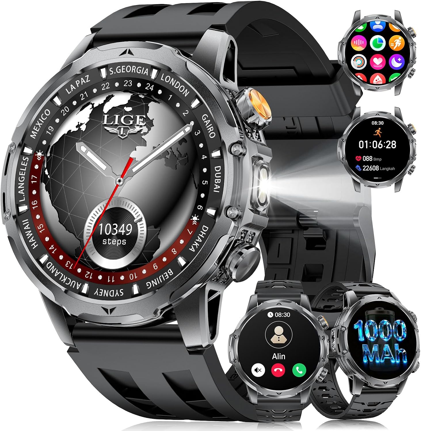 Smartwatch Herren mit 1000 mAh Akku/LED Taschenlampen, 1.53" HD Militär Smart Watch mit Telefonfunktion für Android iOS, 120+ Sportmodi/Schlafmonitor/IP68 Sportuhr, 3 Armbänder, Silikon