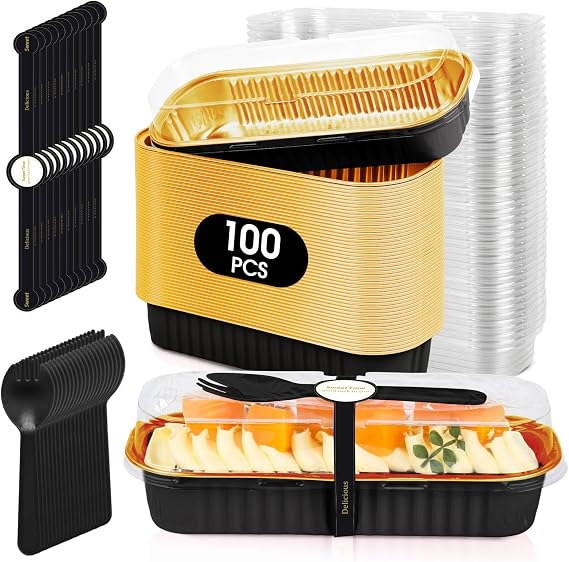 100 Pack Mini Cake Pans with Lids and Spoons, Disposable Aluminum Foil Cake Tins(6.8oz) Individual Small Cake Baking Containers for Party, Wedding, Birthday