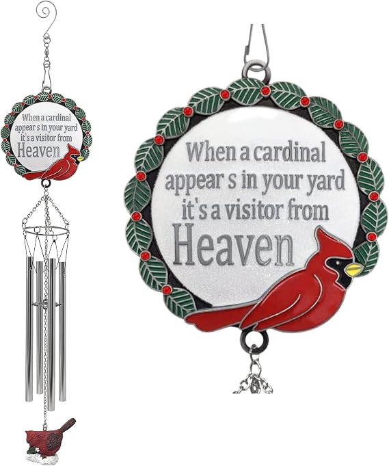 Cardinal Memorial Wind Chime for Loss of Loved One, 23 Inch Sympathy Wind Chimes with Hand Painted Enameled Cardinal Pendant, Embossed Bereavement Gift for Grief, Remembrance, Funeral, Memorial