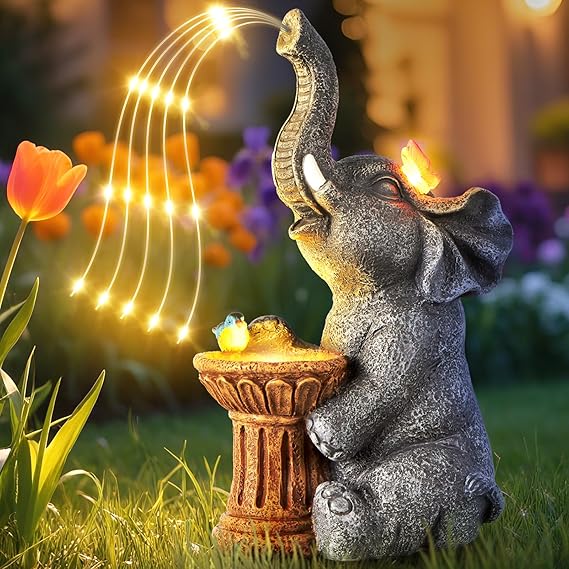 Elephant Statue Garden Ornaments Outdoor with LED, Decor Gifts for Women