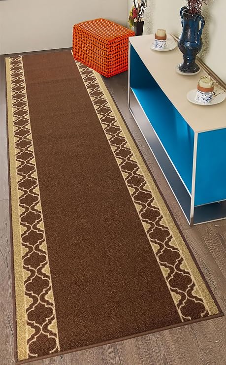 Custom Size Anti-Slip Machine Washable Low Profile Loop Pile Moroccan Trellis Brown (26" x 6')